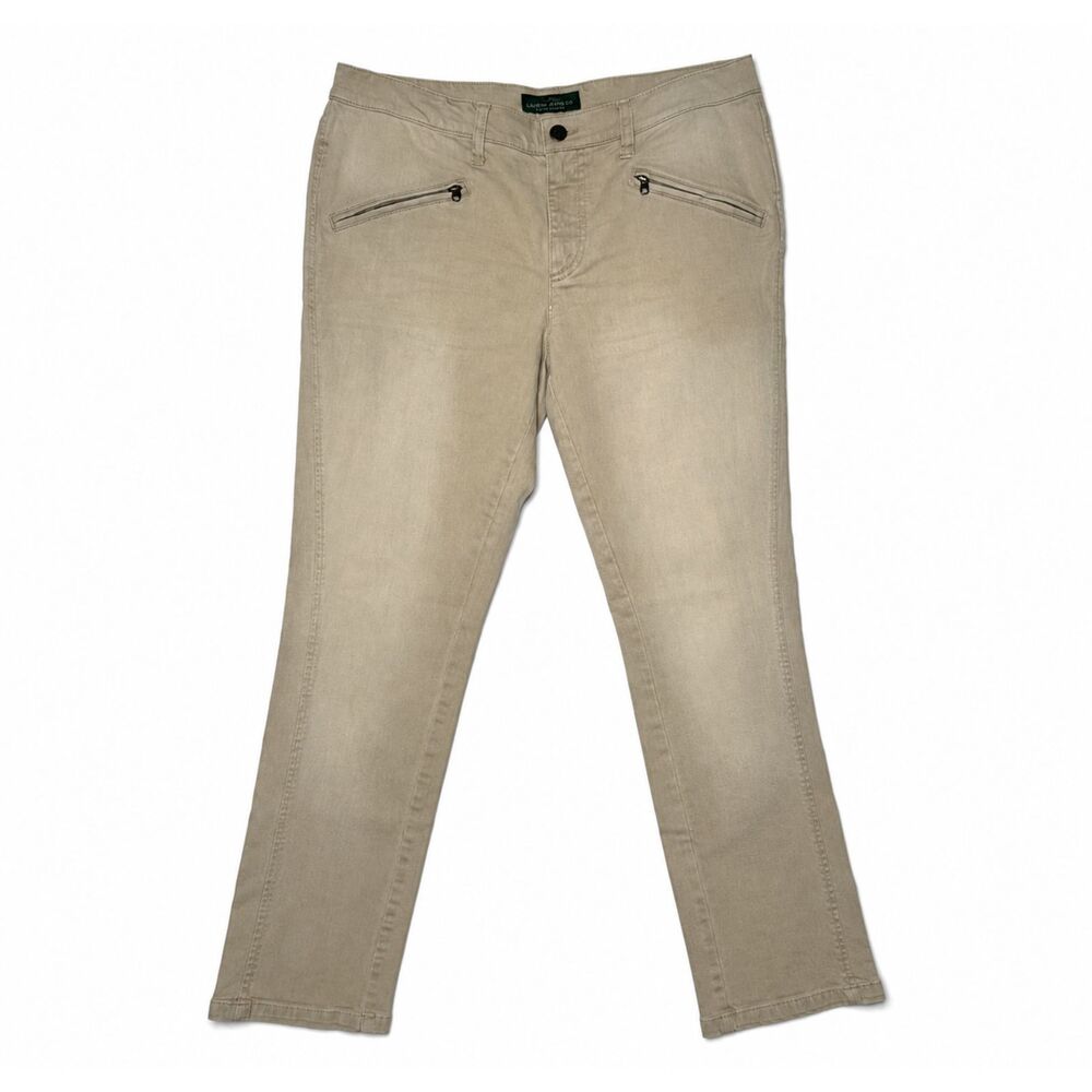 Lauren Ralph Lauren Moto Skinny Jeans Women 12 Beige Khaki Zip Pockets Stretch